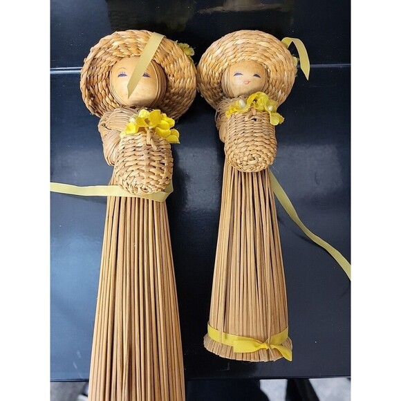Corn Husk Braided Wooden Head Dolls 14", 8", 6.5" Holding Flowers Basket-3 *Read - Picture 10 of 12